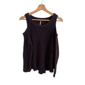 Free People Waffle Knit Cold Shoulder Black Sweater Women's Size XS Distressed